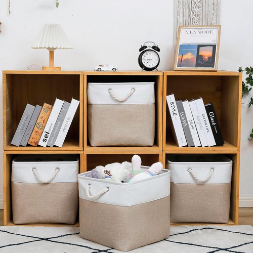 MidmmVick Cube Storage Bins - 13 x 13 Inch Collapsible Fabric Bins, 4 Pack for Home & Office (White & Beige)