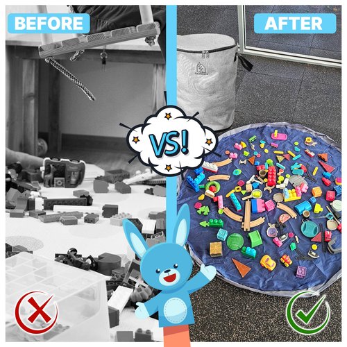 Portable Toy Storage Basket & Play Mat with Pocket Label - 9.3 Gallon Toy Organizer - Leather Handles, 60" Playmat - Toy Bag for Boys & Girls, Playroom, Grey
