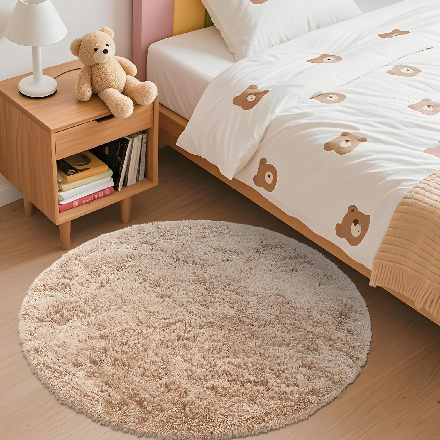 OLANLY Round Beige Area Rug - Soft, Fluffy, Machine Washable 3 ft Circle Carpet for Bedrooms & Living Rooms