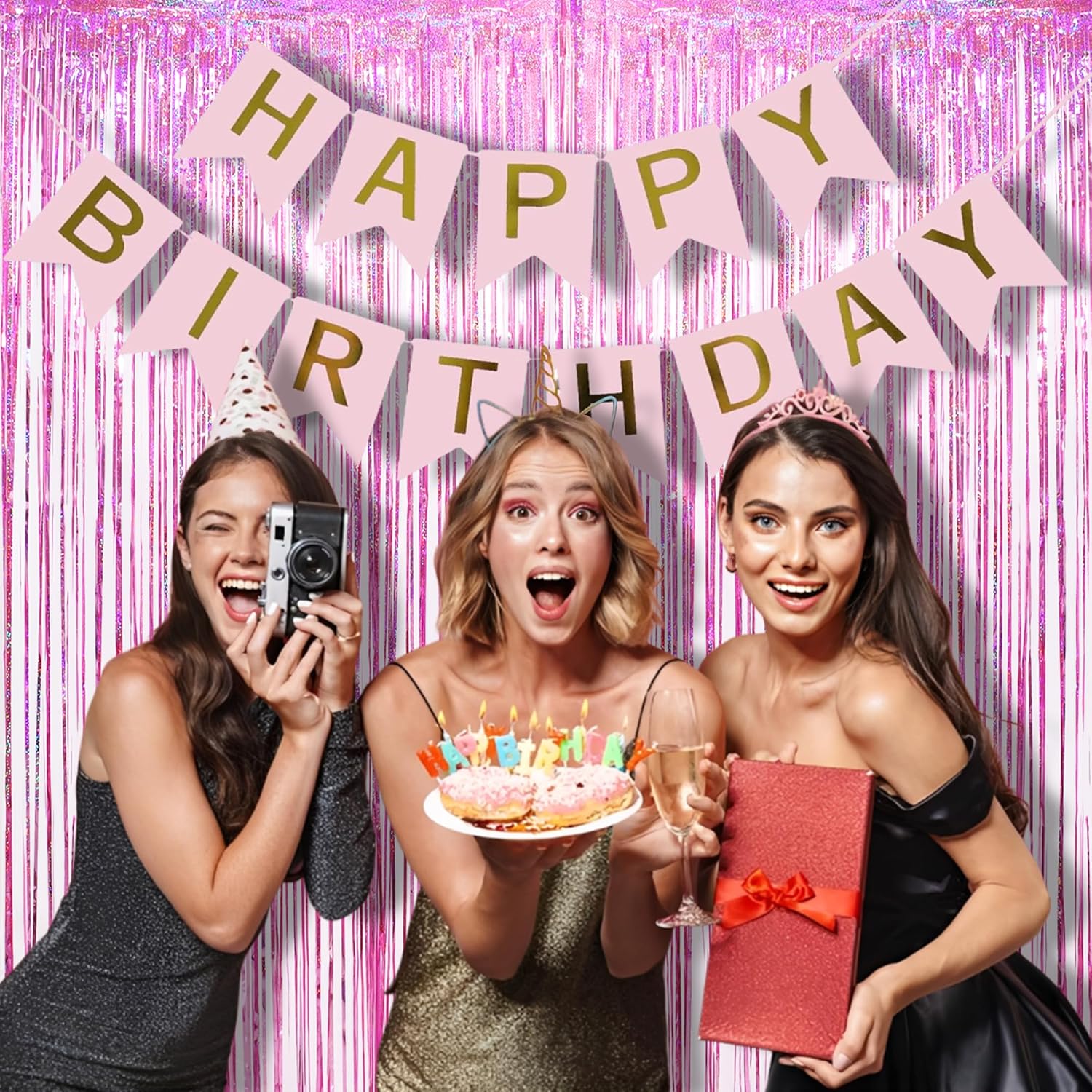 Pink Tinsel Fringe Backdrop by [Brand Name] - Sparkly Foil Curtains for Birthdays & Parties | 2 Pack, 3.3×8.2ft