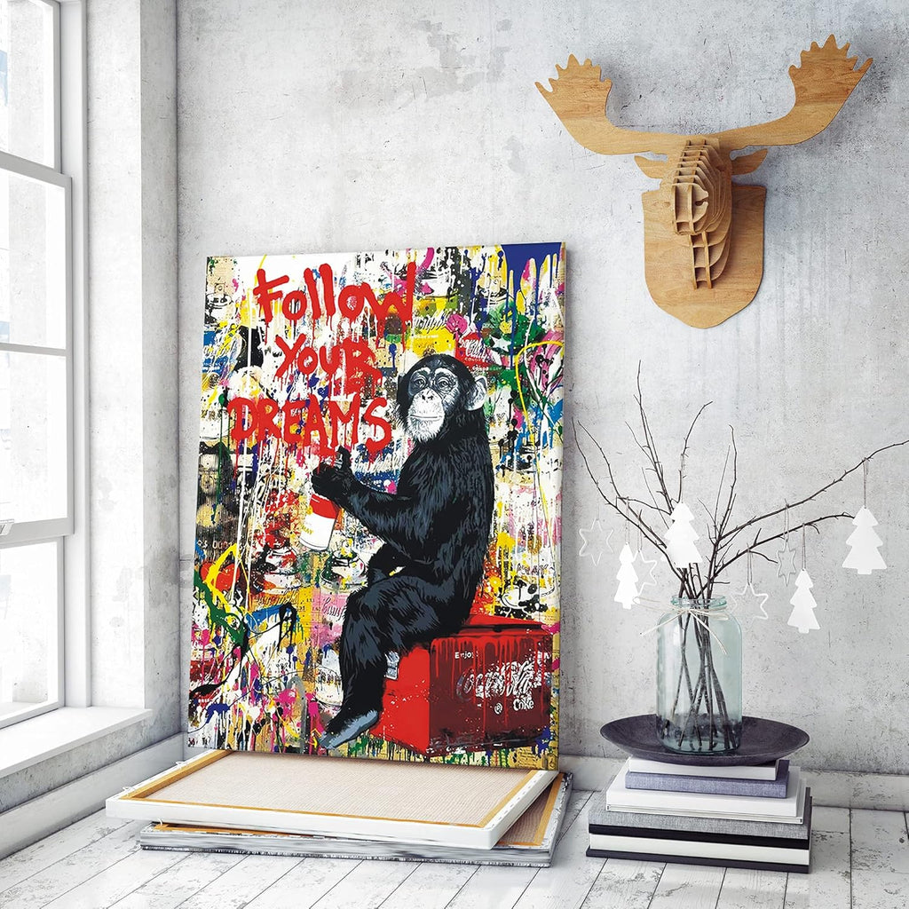 AKOTAC Monkey Street Graffiti Canvas Print - Follow Your Dreams Animal Wall Art | Framed Home Decor for Living Room & Office