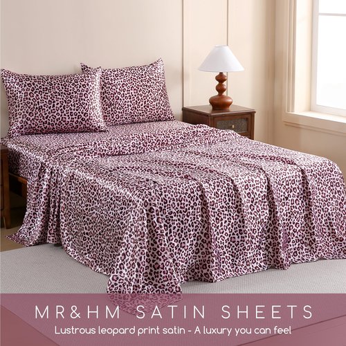 MR&HM Satin Bed Sheets with Elastic Corner Straps, Queen Size Sheets Set, 4 Pcs Silky Bedding Set with 15 Inches Deep Pocket for Mattress (Queen, Pink Leopard)