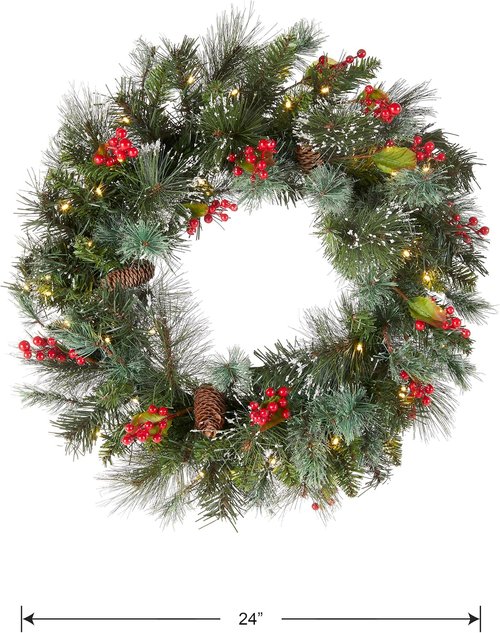 National Tree Company 24-Inch Pre-Lit Wintry Pine Flocked Christmas Wreath - 50 LED Lights, Pinecones & Berries
