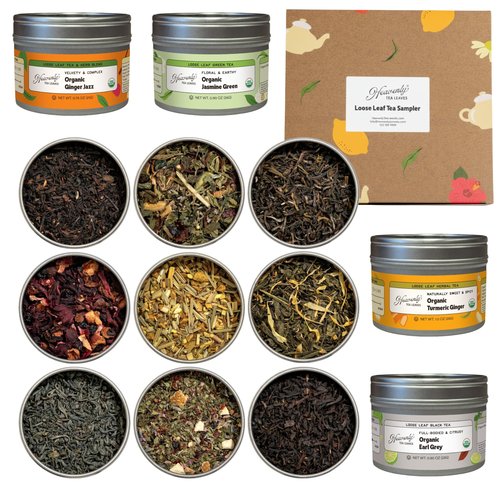 Heavenly Tea Leaves Organic 9 Loose Leaf Tea Sampler Gift Set (Approx. 90 Cups) | Assortment of Black Tea, Green Tea, Herbal Tea | High to No Caffeine | Great Hot or Iced | Premium Assorted Gift Box