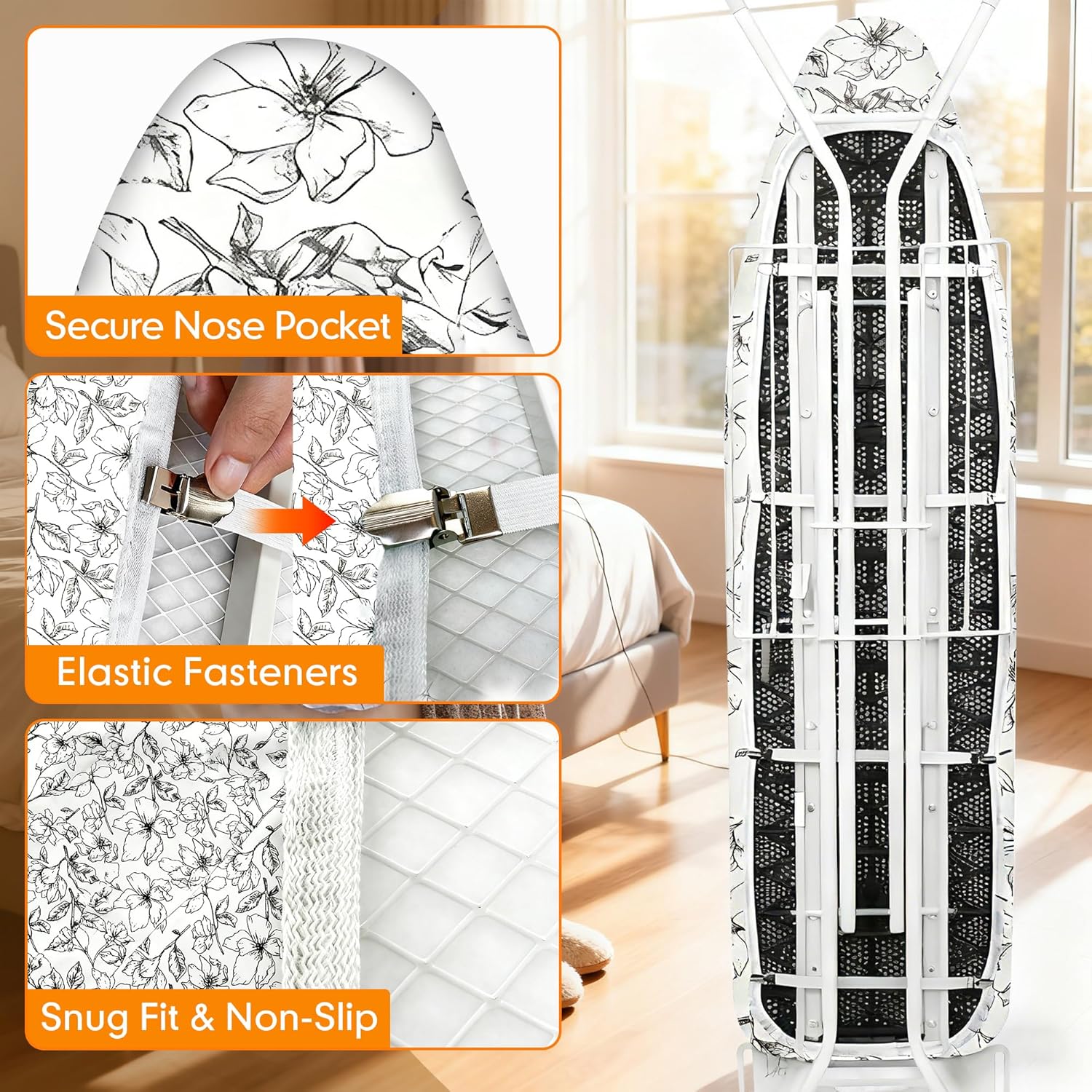 Skiennix Ironing Board Cover - Thick, Scorch & Stain Resistant Pad | 15x54 Floral White Design