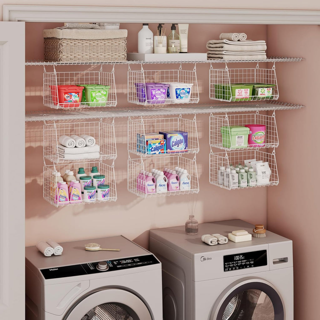 Skiennix 3-Tier Laundry Basket Organizer - Foldable Wire Shelf with 360° Rotating Hooks | Space-Saving White Design