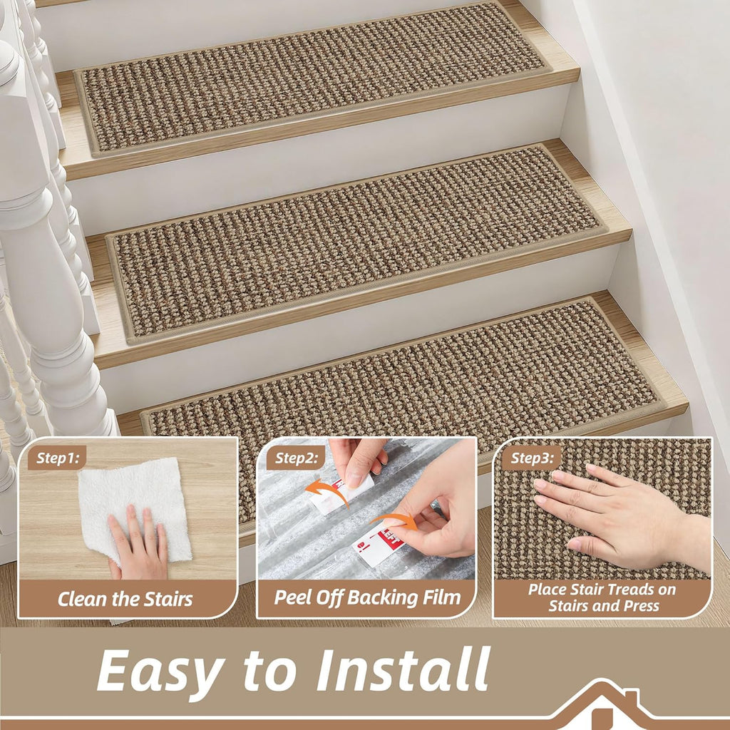 BEQHAUSE Indoor Door Mat & Stair Treads Set - Non-Slip, Stain-Resistant, Washable | 20"x32" Mat & 15 Pcs Taupe Treads
