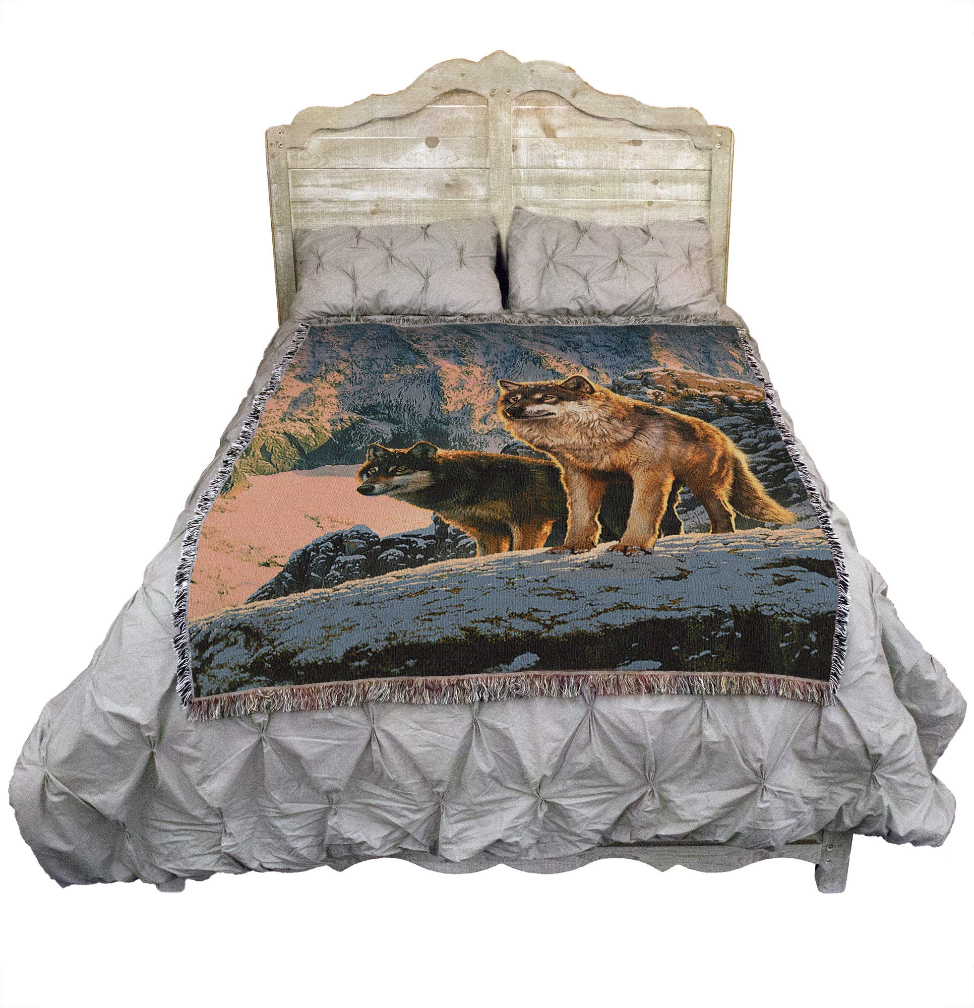Pure Country Weavers Wolf Couple in Sunset Blanket by Vincent HIE - Gift Tapestry Throw Woven from Cotton - Made in the USA (72x54)