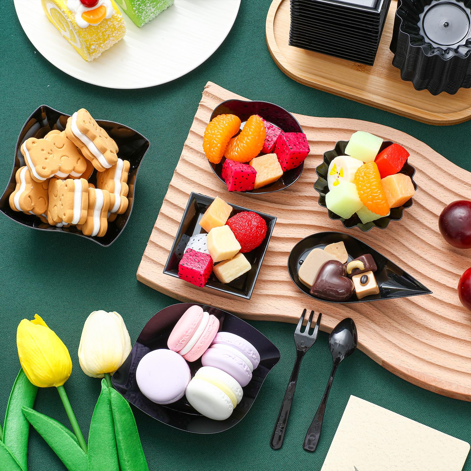 Tessco for you 1200 Pcs Mini Appetizer Plates Set Including 6 Shapes Disposable Mini Dessert Cups, Spoons and Forks for Party Wedding Pudding Ice Cream (Black)