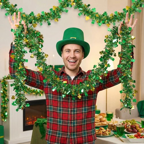 【20/40/60/80 FT】 St Patricks Day Garland Decor Gold Green Shamrock Hat Tinsel Garland, Shiny Metallic Streamer Twist Garland Hanging St Patricks Day Decorations for Home Indoor Outdoor Party Supplies