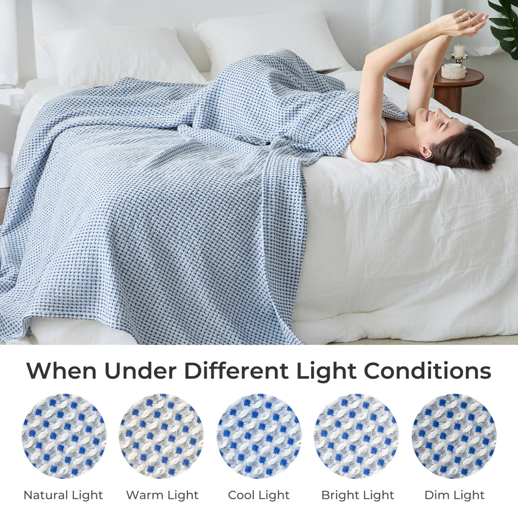 Lightweight Cotton Waffle Blanket Queen Size, Modern Two-Tone Check Pattern, Soft & Breathable for Bed, Couch, Sofa, All Seasons –Navy Blue/White, 90"x90"