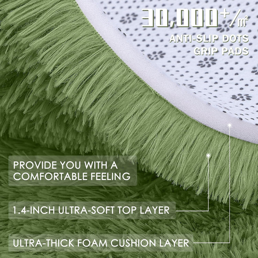 OLANLY Green Round Area Rug - Soft, Fluffy, Machine Washable 4 ft Circle Carpet for Bedroom & Living Room