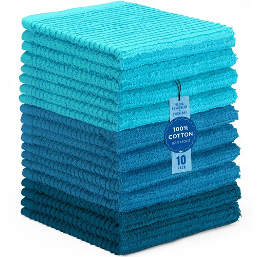 DecorRack 10 Pack 100% Cotton Bar Mops, 12 x 12 inch Kitchen Dish Cloths, Multi-Purpose Cleaning Towels, Ultra Absorbent, Machine Washable, Quick Dry, Turquoise (Pack of 10)