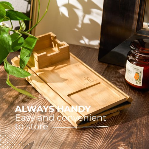 Hakmma Bamboo Couch Cup Holder – Eco-Friendly Sofa Armrest Tray Table with Cup Holder for Coffee, Snacks & Phone – Foldable Bamboo Couch Arm Table, Anti-Slip Armrest Tray for Couch