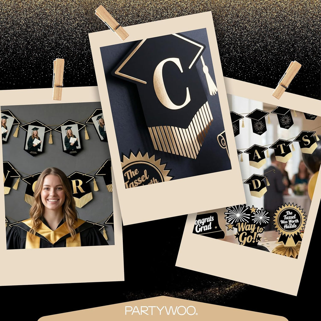 PartyWoo Graduation Decorations - Class of 2026 Black & Gold Banner Set for High School & College Celebrations