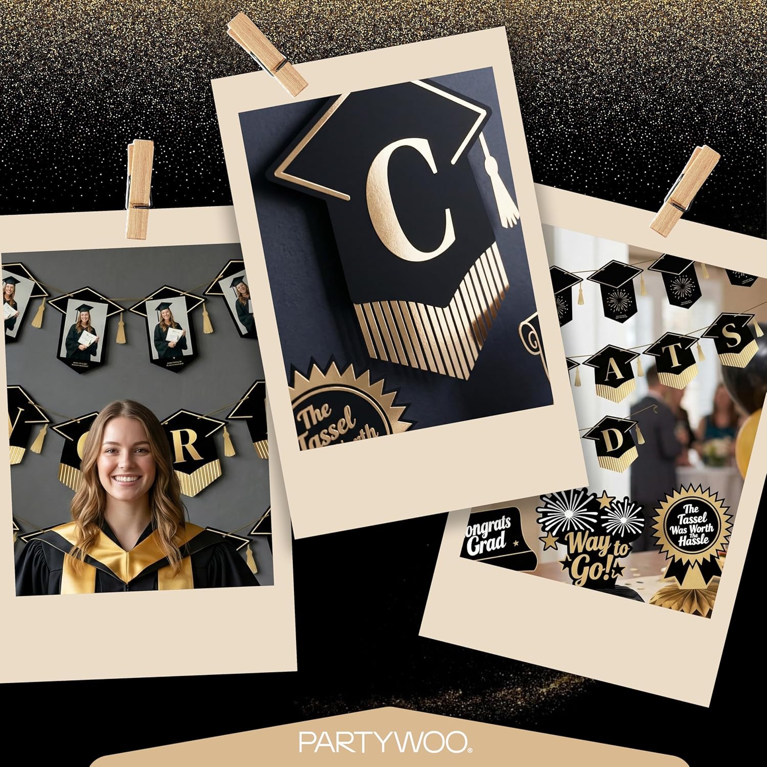 PartyWoo Graduation Decorations - Class of 2026 Black & Gold Banner Set for High School & College Celebrations