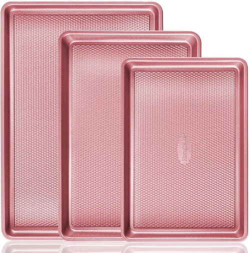 HONGBAKE Baking Sheet Pan Set - Nonstick Cookie Sheets with Diamond Texture | Heavy Duty, Pink