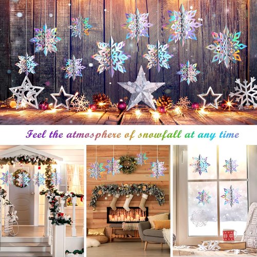 JULMELON 15Pcs Holographic Frozen 3D Hanging Snowflakes - Silver Winter Wonderland Decor