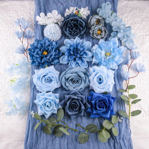 yuagolle Artificial Flowers for Home Decorations: Blue Silk Fake Flowers Bulk Boxed Set, Peony Roses Bouquets with Stems for Table Centerpiece, DIY Wedding, Bridal Shower, Graduation Cap & Tea Party