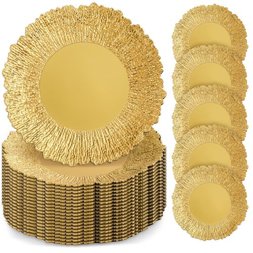 Widecook 50 Pcs Charger Plates Bulk for Wedding Chargers 13" Reusable Round Serving Plate Table Chargers for Catering Family Party Restaurant Home Dinner Supplies (Reef,Gold)