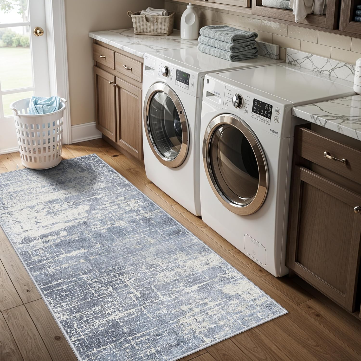 Skiennix Washable 2x5 Abstract Hallway Runner - Soft, Water-Resistant Rug for Indoor Use | Blue/Ivory