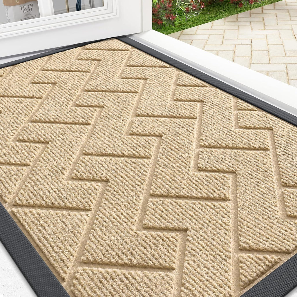 OLANLY Indoor Outdoor Front Door Mat - Waterproof, All-Season Doormat in Herringbone Brick (Beige, 29.5x17)