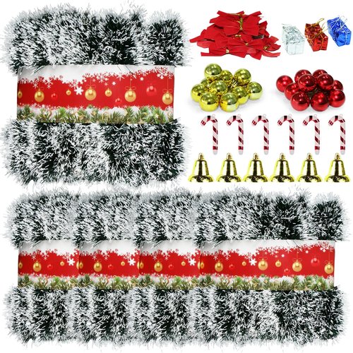 NQN 5 Pack 250Ft Greenery Garland with Snow, Dark Green Snowflake Dots, Artificial Christmas Pine Streamers for Indoor/Outdoor Decorations