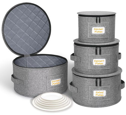 punemi China Storage Containers, Dish Storage w/Hard Shell Top Side Bottom Support & Felt Dividers for Charger Plates Dinnerware, Perfect for Moving Supplies, 4 set Stackable Fine China Storage, Gray