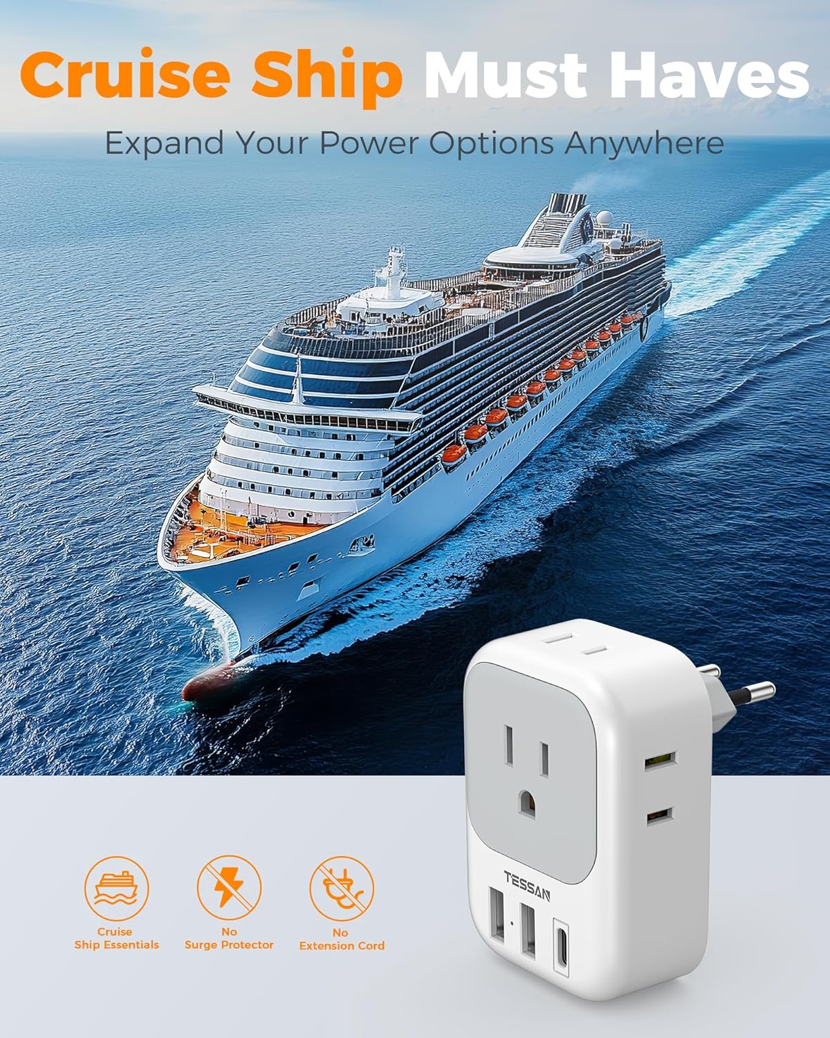 TESSAN European Plug Adapter - 2 Pack USB C Travel Charger with 4 Outlets & 3 USB Ports for Italy, Spain, France, Germany