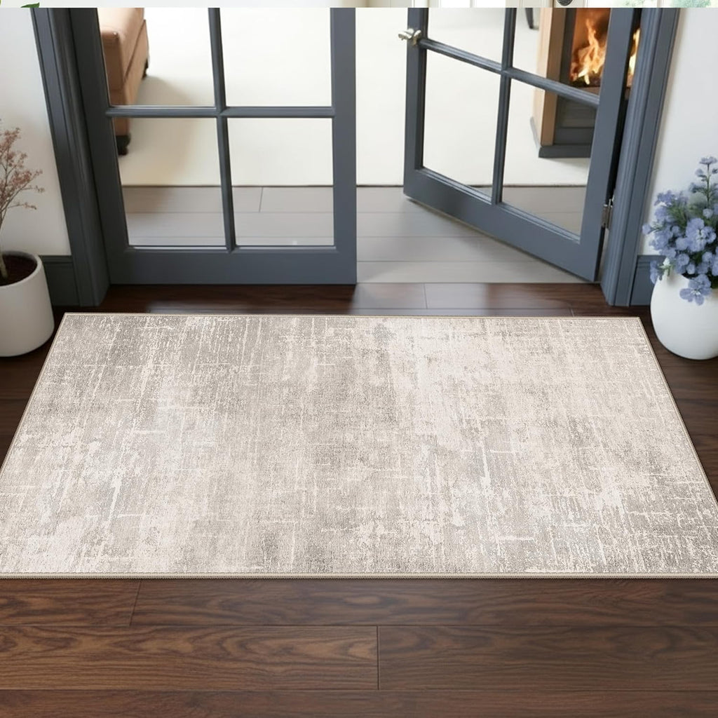 Skiennix Washable Kitchen Runner Rug - Abstract Water-Resistant Design | Soft Low Pile 2x5 Beige/Cream