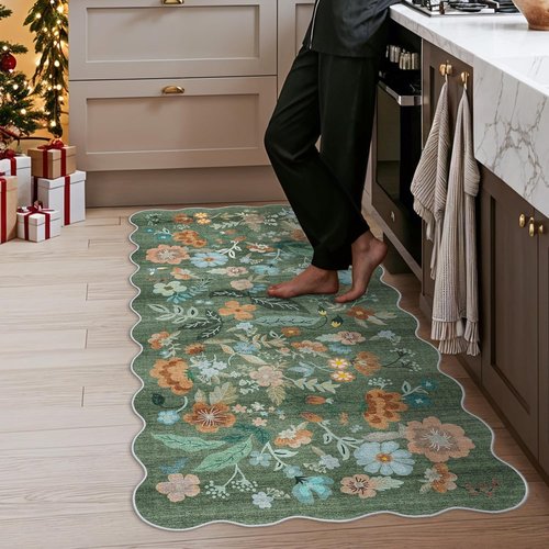 Hallway 3x6 Washable Runner Rug - Soft Non-Slip Floral Scalloped Carpet for Elegant Home Decor | Green