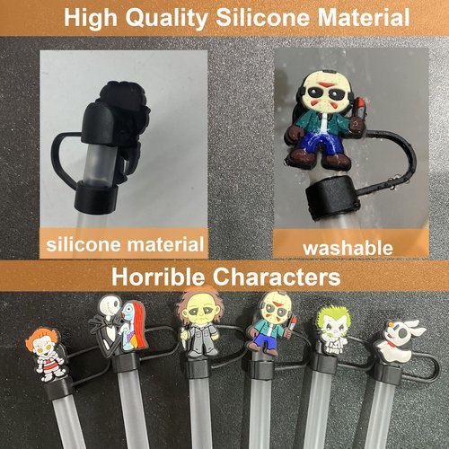 12PCS Halloween Straw Toppers for Stanley Cup, Silicone Horror Straw Cover for Stanley 30&40 Oz Tumbler with Handle, 10mm 0.4in Dust-Proof Reusable Straws Tips for Halloween Gifts