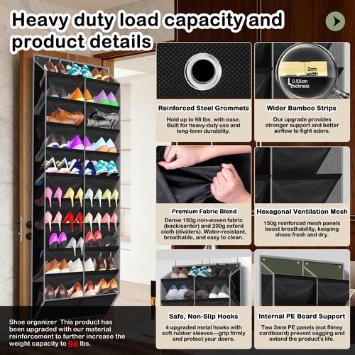 Kotkn 10-Tier Over the Door Shoe Organizer, 20 Pockets Holds 20-30 Pairs, Heavy-Duty Oxford Fabric with Hexagon Mesh for Boots & Sneakers-Black