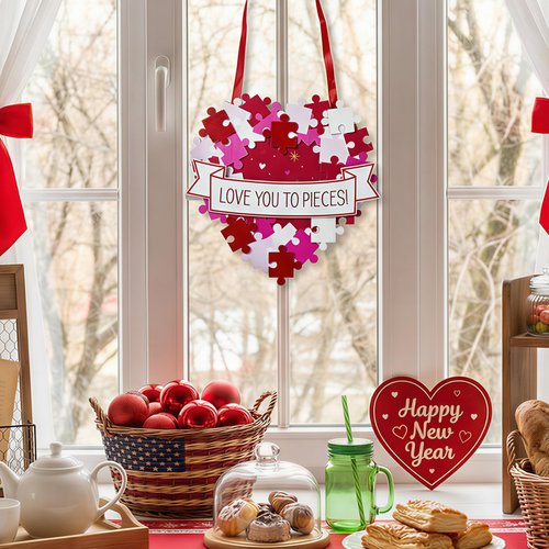 AOMOONOA Valentines Wreath for Front Door, Valentines Day Decorations, Love You to Pieces Door Sign, 3D Foldable Wooden Heart Decor, Romantic Wall Wreath Decoration for Wedding Anniversary
