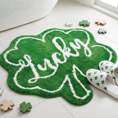 Woaoce St. Patrick's Day Bath Rug Lucky Green Shamrocks, Happy Saint Patricks Doormat Irish Four Leaf Mat Non Slip Rugs for Bathroom Entrance Front Door Indoor Outdoor 24x24 Inches
