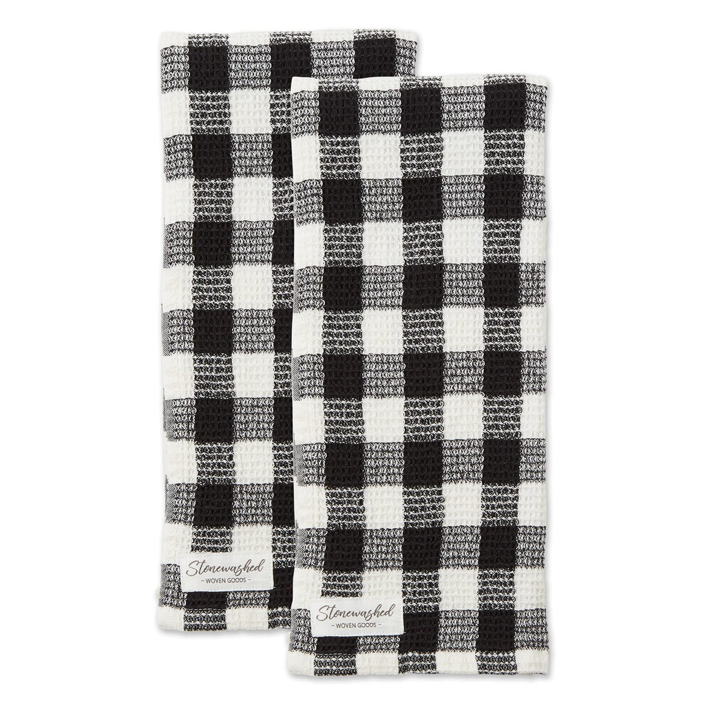 DII Washed Waffle Weave Collection, Dishtowel Set, 18x28, Dusty Blue Check, 2 Piece