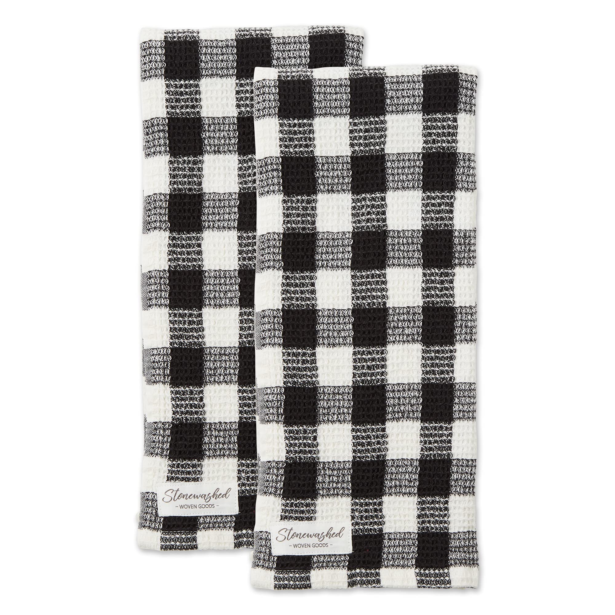 DII Washed Waffle Weave Collection, Dishtowel Set, 18x28, Dusty Blue Check, 2 Piece