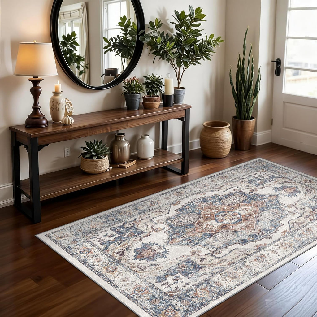 Skiennix Washable 3x5 Kitchen Area Rug - Cozy Soft Low Pile Carpet for Living Room & Entryway | Brick