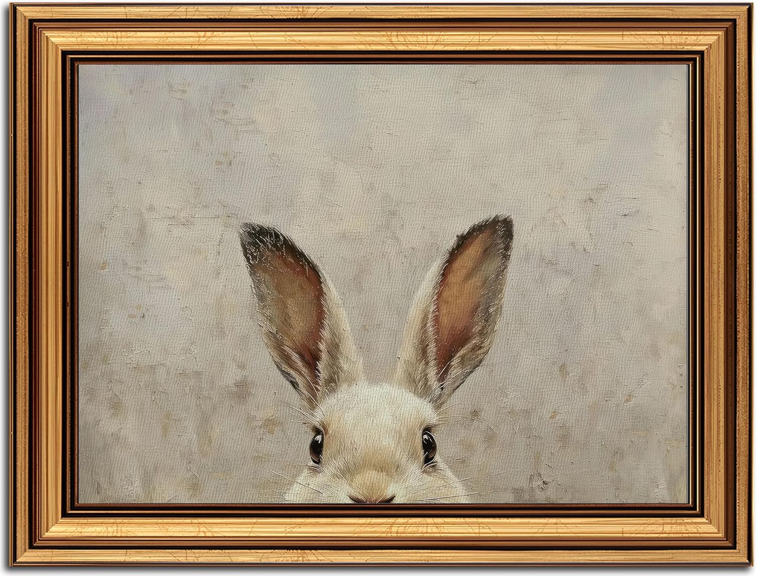 Regine Switzerland Vintage Gold Framed Bunny Canvas Wall Art - Rustic Rabbit Oil Painting 9x11in