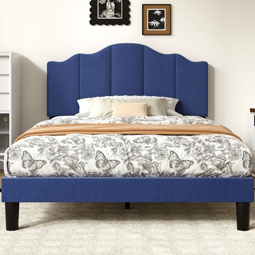 VECELO Twin Size Upholstered Platform Bed Frame with Adjustable Headboard, Wood Slat Support and Noise-Free, No Box Spring Needed, Easy Assembly, Blue