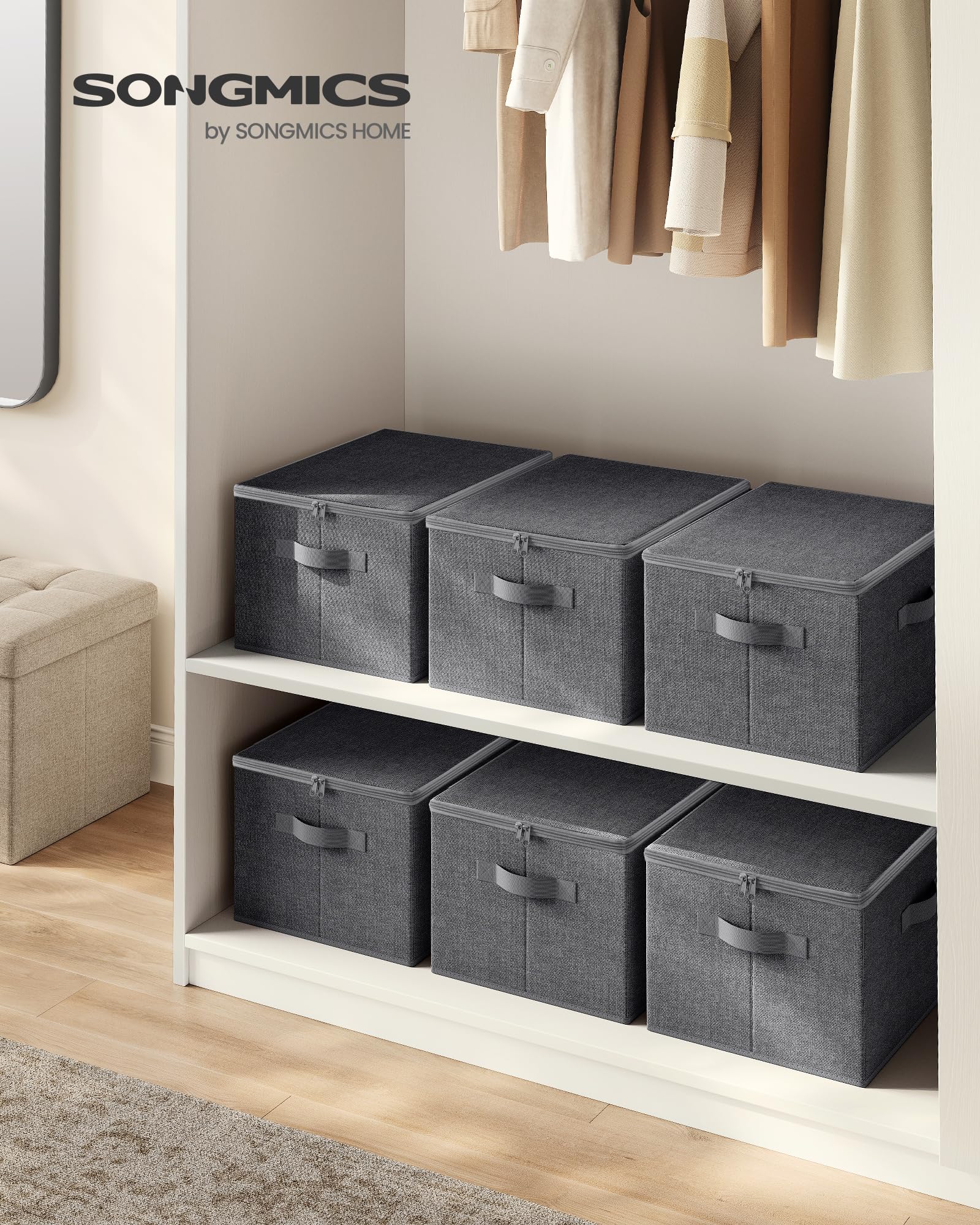 SONGMICS Foldable Storage Organizer Boxes, Set of 3 Storage Basket Bins with Lids, Handles, Clothes Organizer, 15.7 x 11.8 x 9.8 Inches, Non-Woven Fabric, Slate Gray URYZB03G