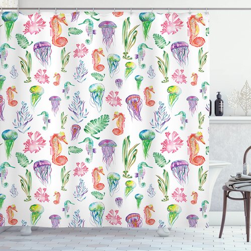 Ambesonne Jellyfish Shower Curtain, Colorful Seahorses Jellyfish and Seaweed Algae Fun Underwater Design Pattern, Cloth Fabric Bathroom Decor Set with Hooks, 69" W x 75" L, Green Pink
