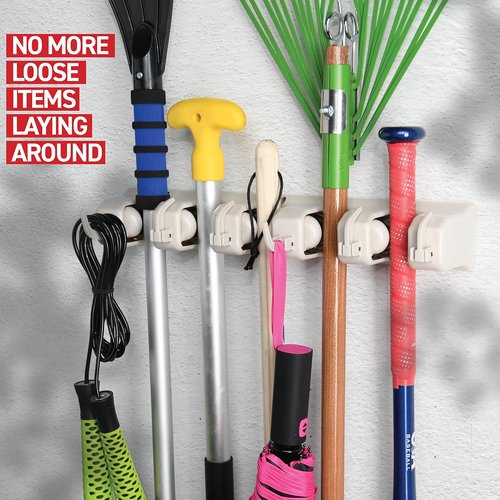 HOME IT Mop And Broom Holder Wall Mount - Versatile Garage Storage System with 5 Slots & 6 Hooks - Off-White Garden Tool Organizer for Home & Garage