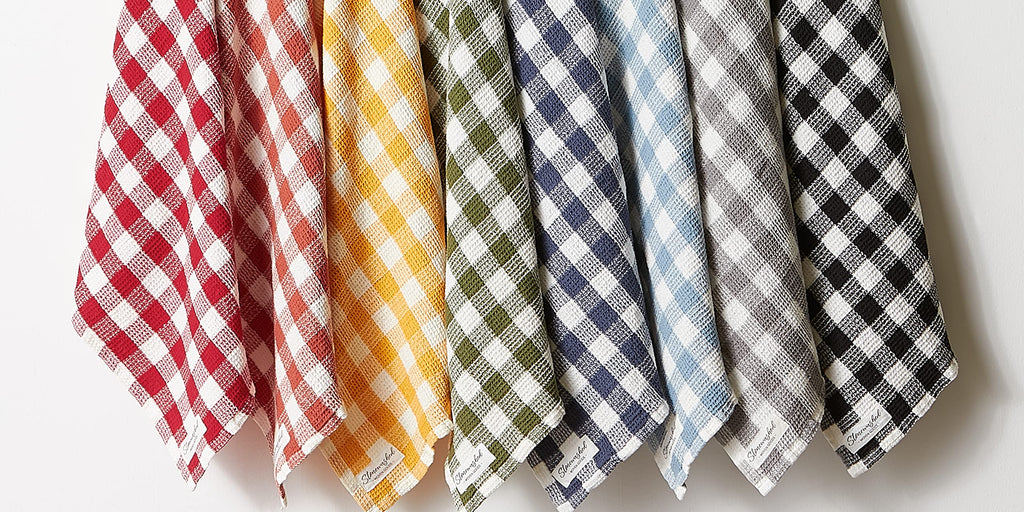 DII Washed Waffle Weave Collection, Dishtowel Set, 18x28, Dusty Blue Check, 2 Piece