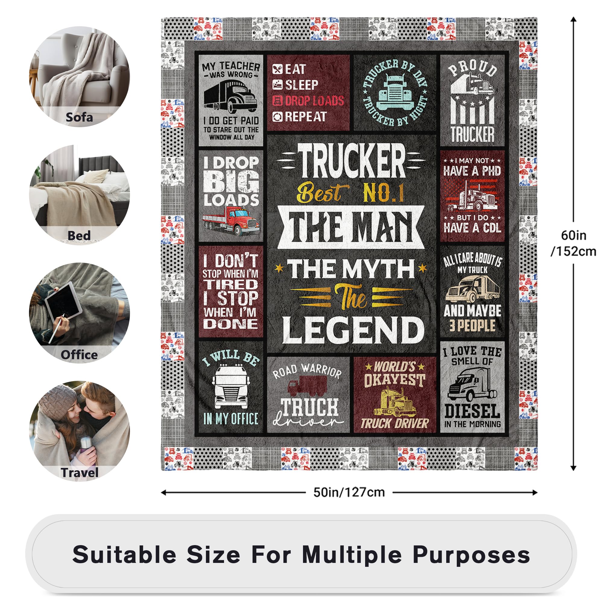 AIYUBOFUN Truck Driver/Trucker Gifts for Men Blanket 60" x 50", Truck Driver/Trucker Gifts, Gifts for Truck Drivers Men, Trucke Driver Appreciation Gifts