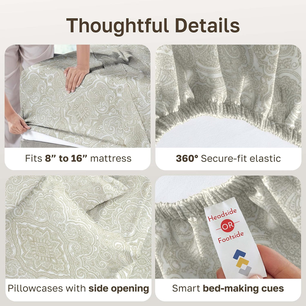 California Design Den King Size Cotton Sheets Set - 100% Soft Cotton, 400 TC, Award-Winning Sateen Finish, Paisley Beige