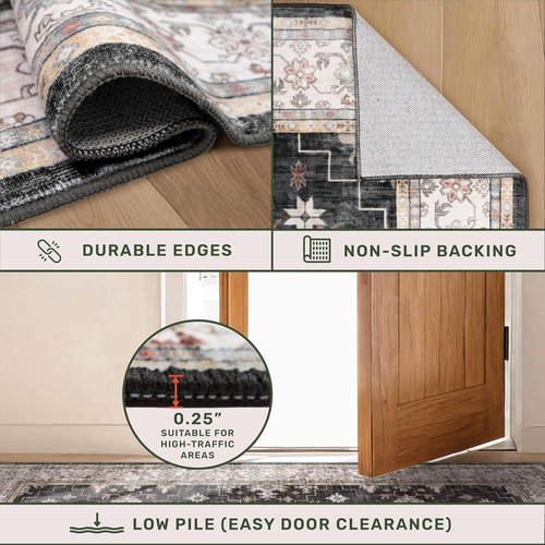 Hazo Haus Boho Area Rug - Washable 7x9 Black Dining Room Rug | Low Pile Non-Slip Design for Farmhouse Decor