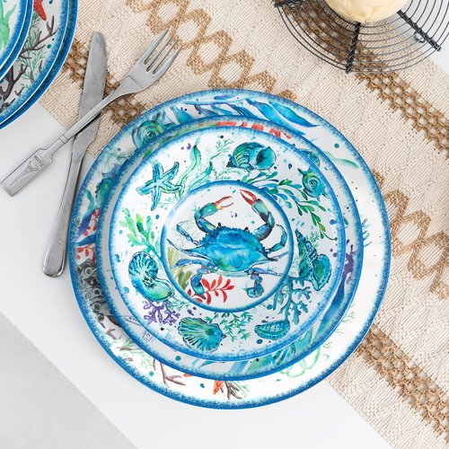 LEHAHA 12-Piece Melamine Beach Dinnerware Set, Coastal Plates and Bowls Sets, Oceanic Sea Life Dish Sets for 4, Great for Indoor Outdoor Dining on the Beach, RV, Camping or Cabin