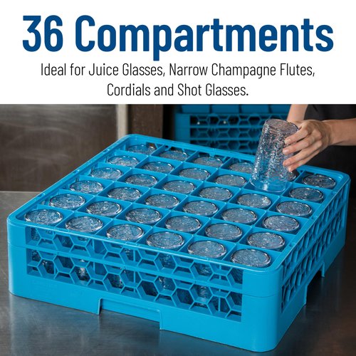 Carlisle FoodService Products Opticlean Divided Glass Rack with 36 (4.75 x 2.91 Inch) Compartments for Kitchen and Restaurant, Plastic, 19.88 x 19.88 x 5.50 Inches, Blue