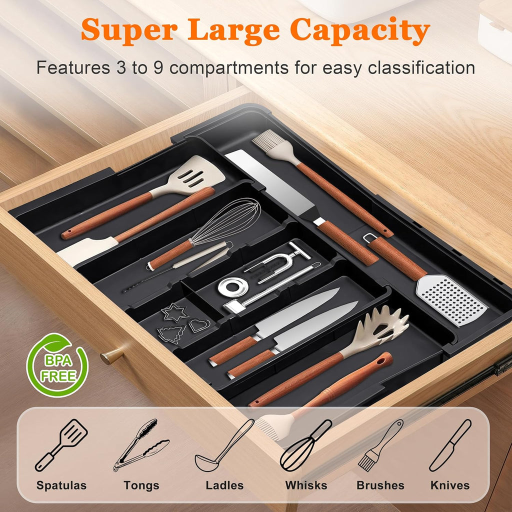 Spaclear Utensil Drawer Organizer - Expandable Silverware Holder with Adjustable Dividers | Black